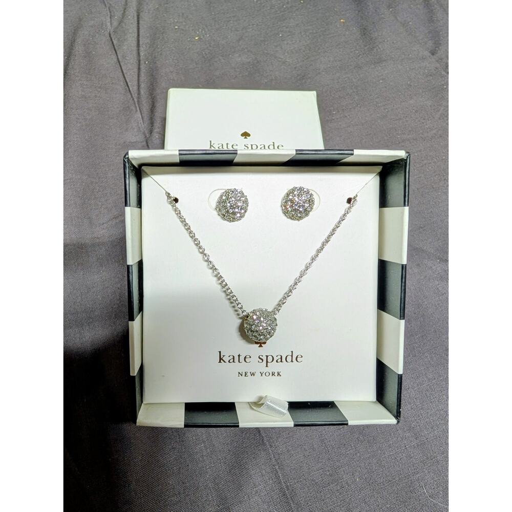 KATE SPADE Night Lounge Silver tone Pave Ball Pendant Necklace & Stud Earrings